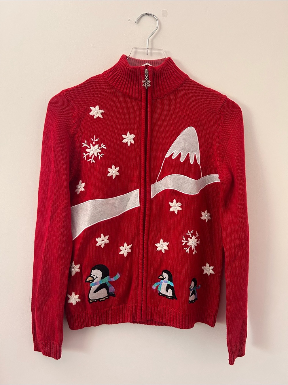 Vintage B. Moss Sweater Cardigan Christmas Red Zip Up Sz Small snowflakes